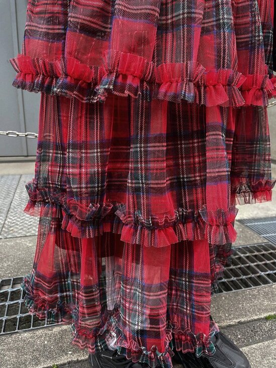 Red Casual Women's Christmas Plaid Ruffle Mesh High Waist Skirt - Picture 6 of 6